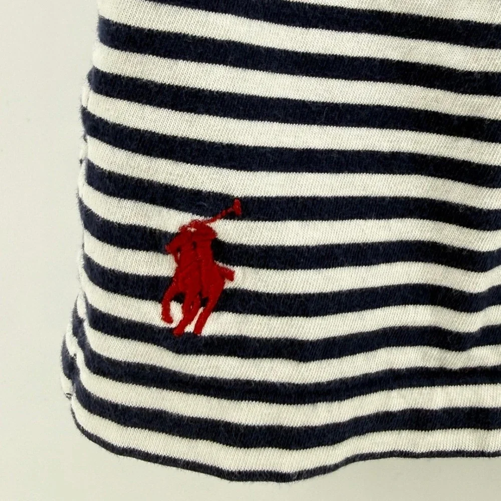 Ralph Lauren Mens Medium Navy White Striped Red Pony Short Sleeve‎ Polo Shirt